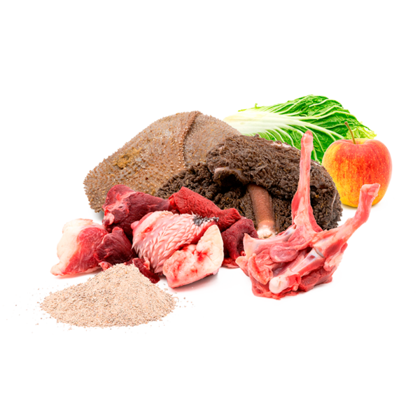 Rinderknochen + Rindfleisch + Rinderinnereien + Rinderpansen/-blättermagen + frisches Obst & Gemüse, gewolft