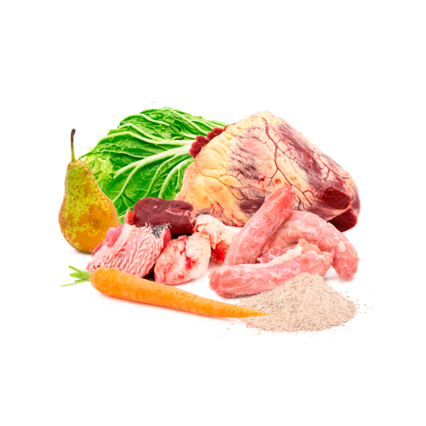 Hähnchenfleisch aus Brust und Innenfilet + Hähncheninnereien + Hähnchenhals + frisches Obst/Gemüse + Micro Mineralien, gewolft