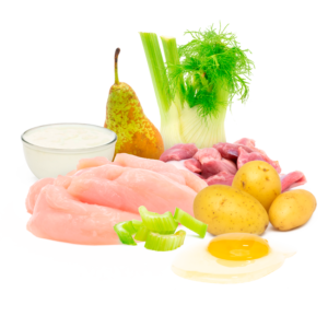 Hähnchenmuskelfleisch + fleischiger Hähnchenmagen + frisches Gemüse + Joghurt + Ei, gewolft